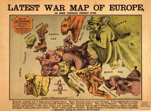 Carte satirique représentant les tensions entre nations en Europe (1870), Paul Hadoul. ( Bibliothèque du Congrès des États-Unis)